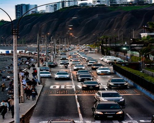 View of a modern street in the Miraflores district of Lima, Peru